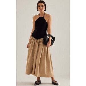 Anthropologie Maeve Midi Dress Black Halter Basque Waist Twofer Preppy Sz M NWT